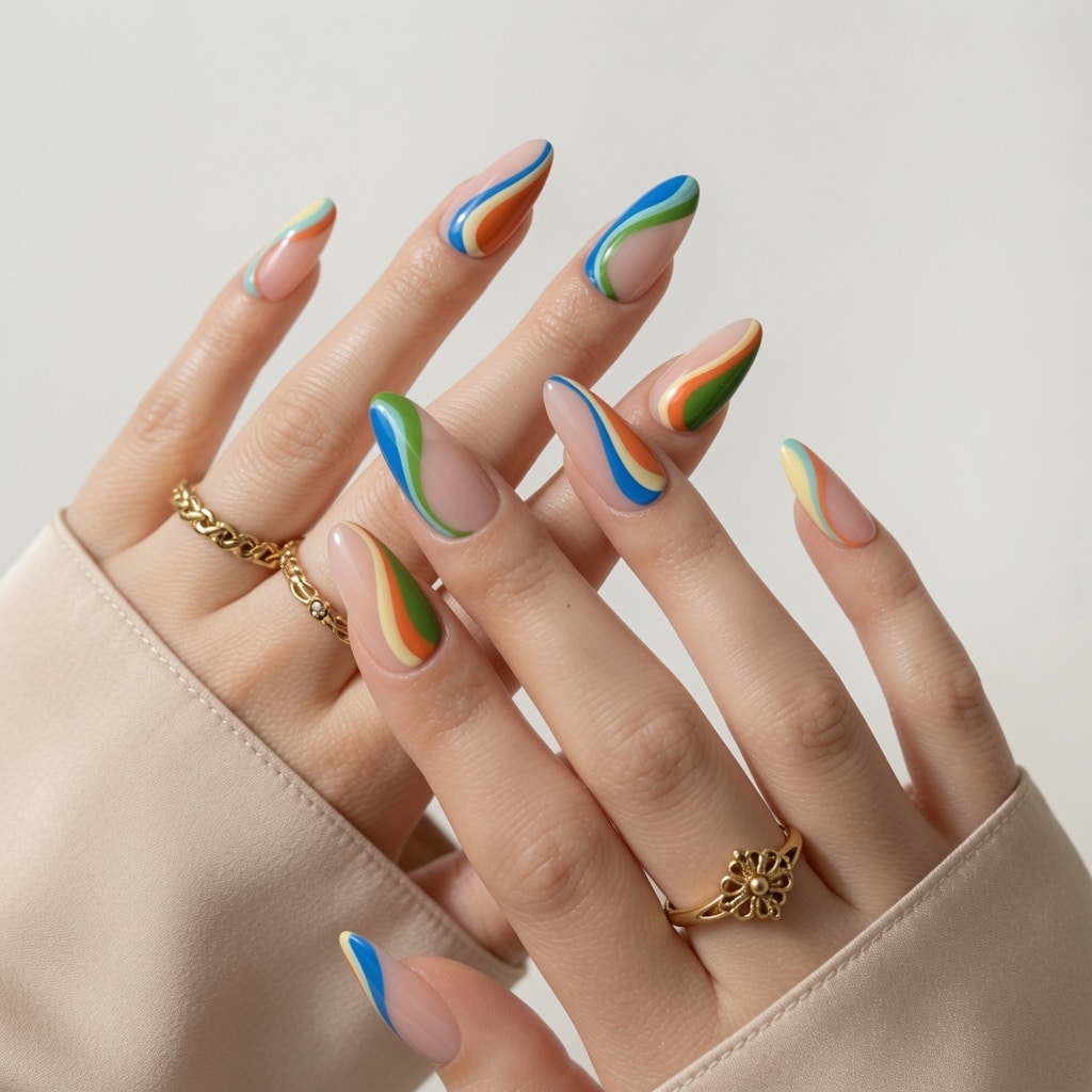 Long almond nails with colorful abstract swirls in blue, green, orange, red, and purple