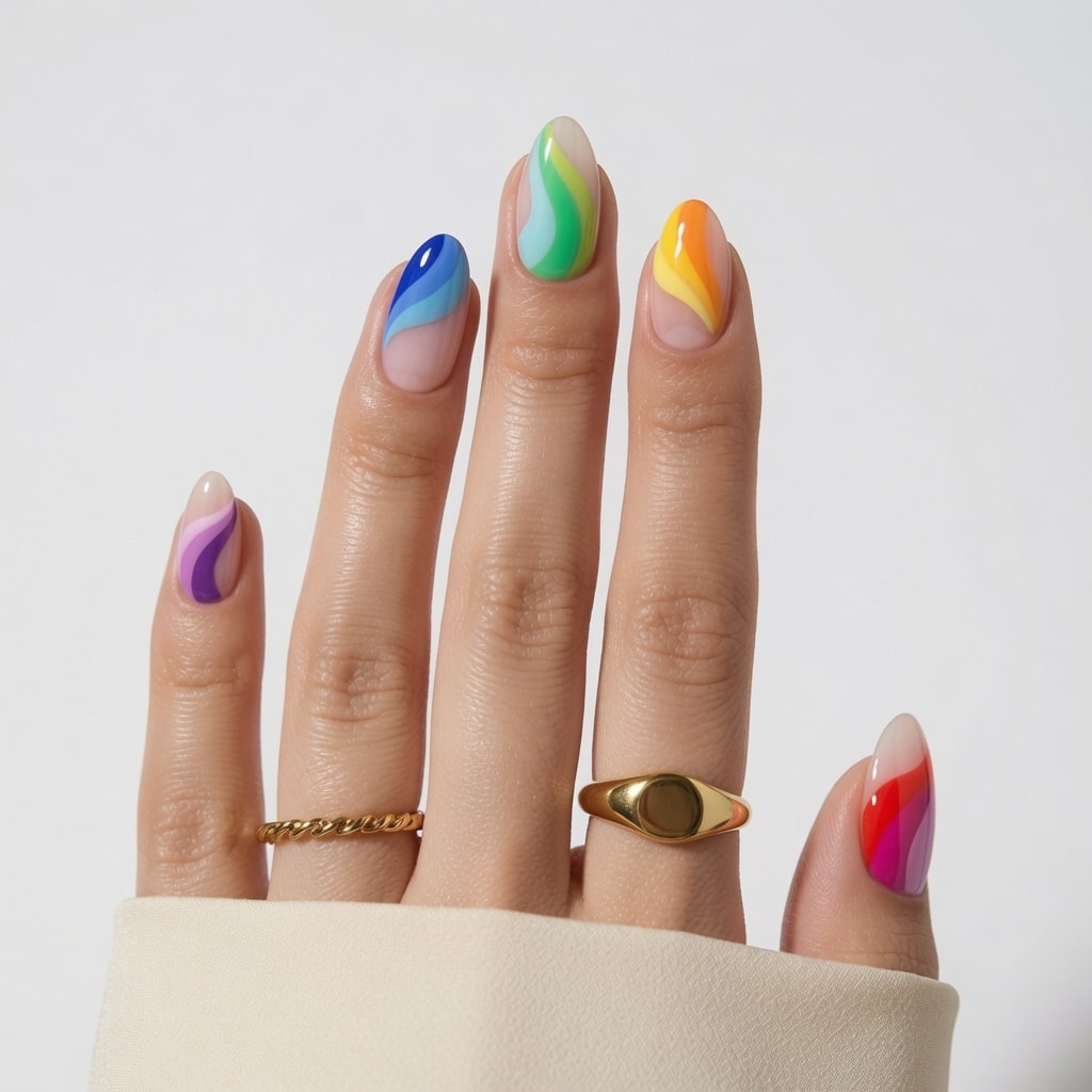 Long almond-shaped nails with colorful rainbow-inspired manicure designs