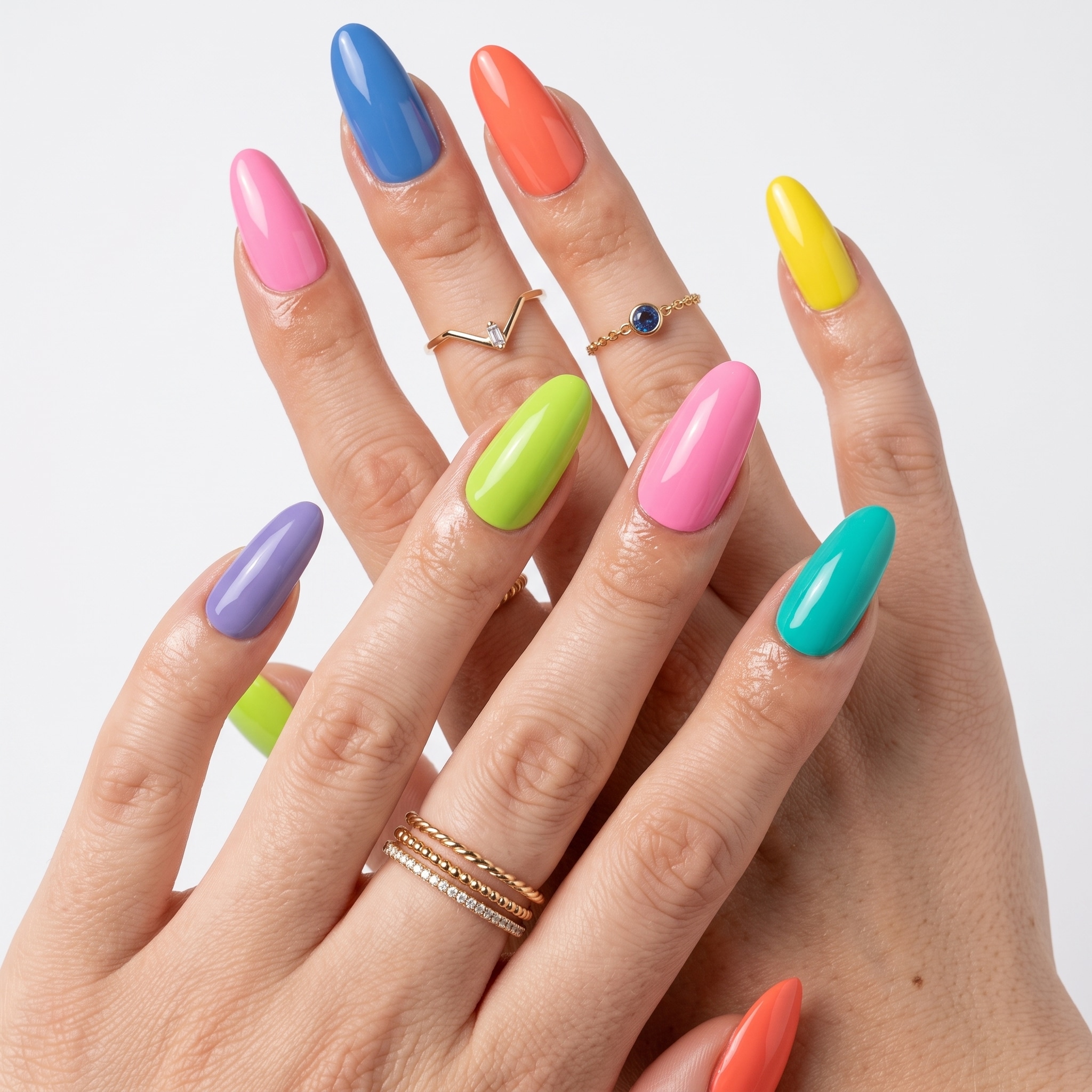Colorful nail color designs with glossy polish on manicured hands