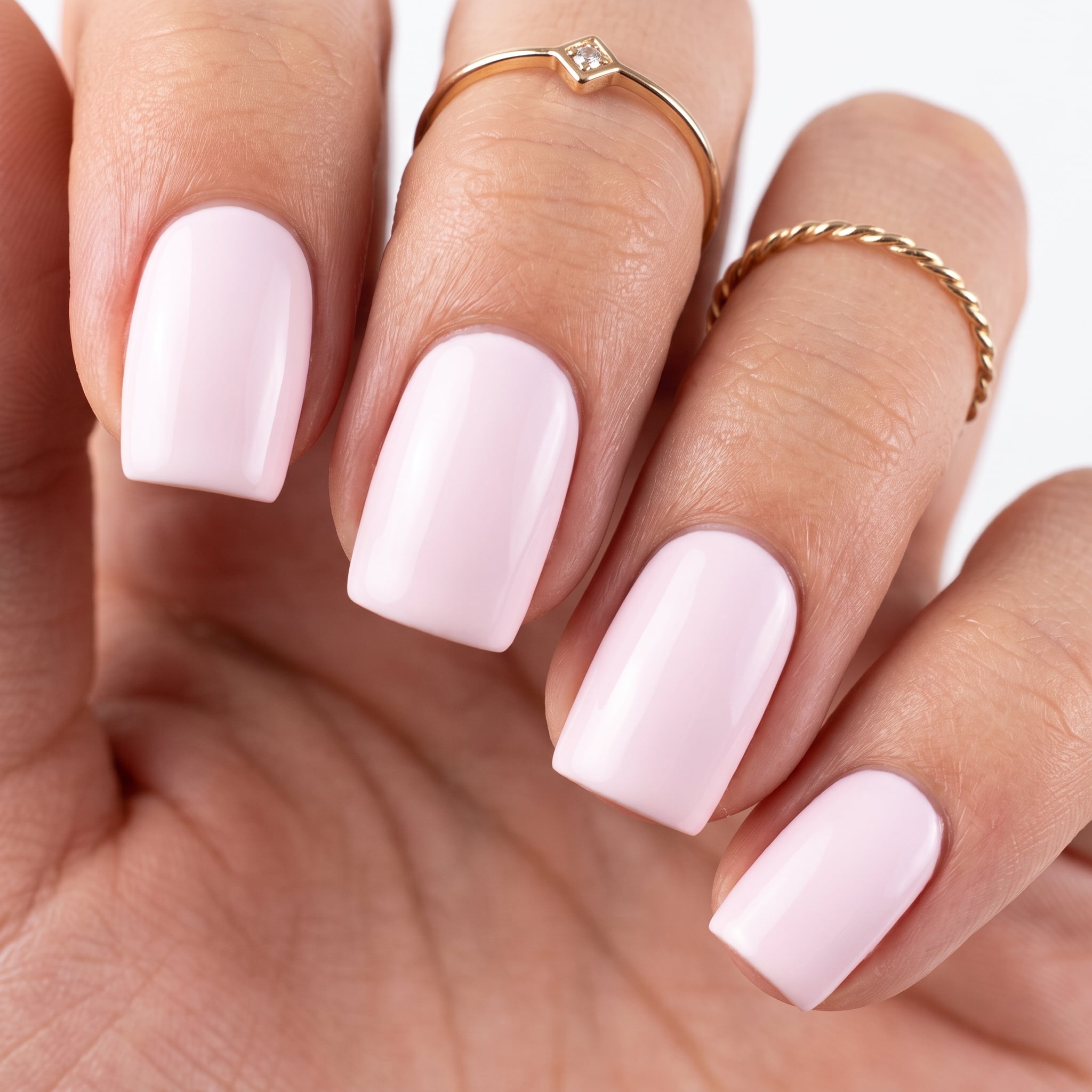 Pale pink glossy gel nails on a soft neutral background