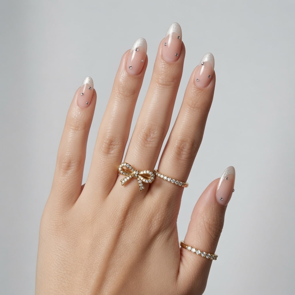 Elegant pearly white almond nails with a soft glossy finish