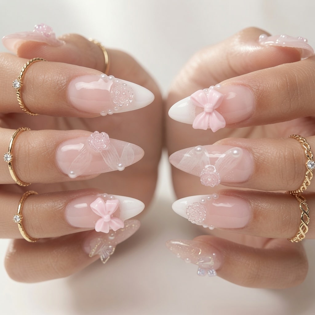 Soft pink nail art with floral accents, bows, glitter, and delicate 3D details