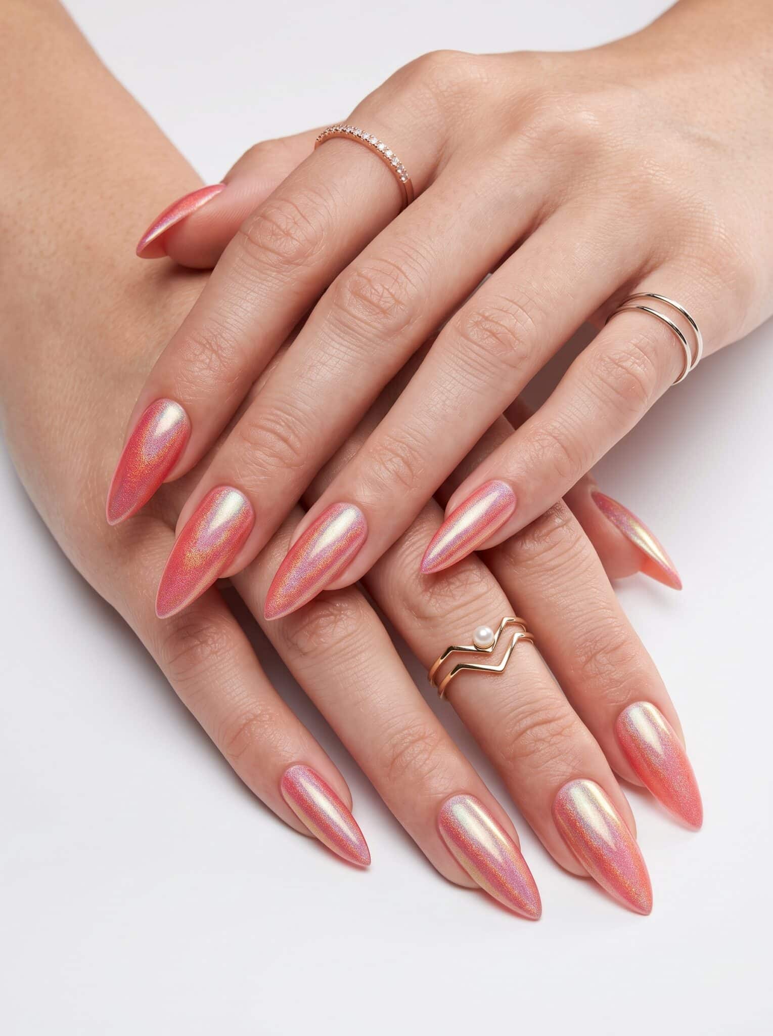Glossy almond nails in bright rosy pink gel on a clean white background
