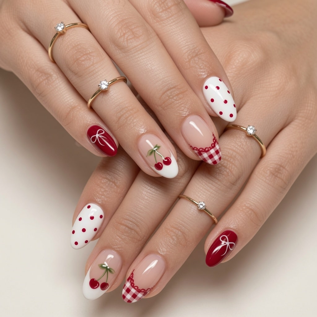 Preppy cherry nail designs with red gingham, polka dots, and glossy nude nails