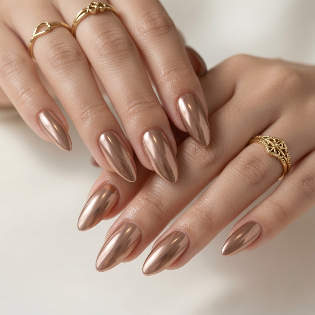 Glossy rose chrome almond nails with a reflective metallic finish