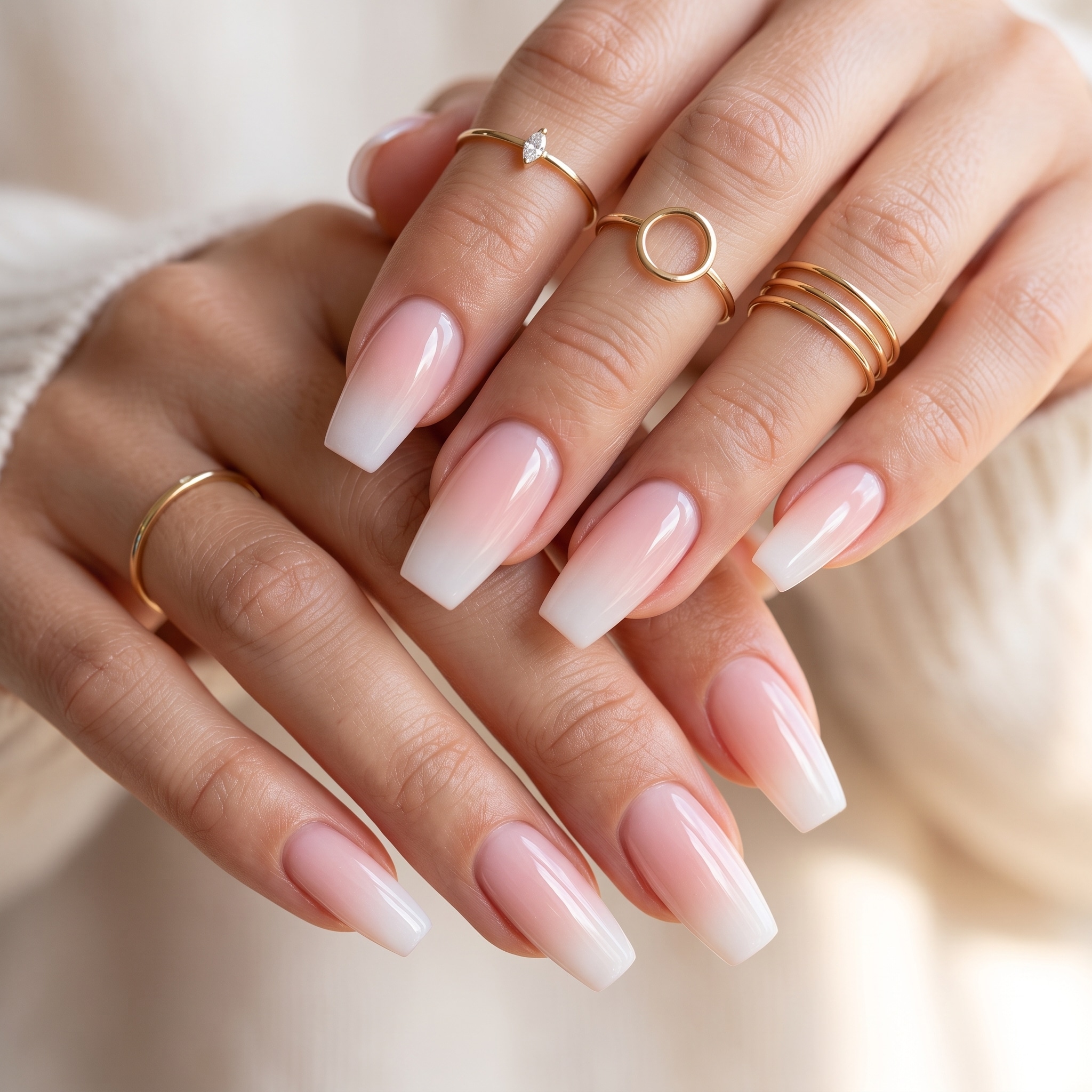 Almond pink and white full set nails with a glossy natural base