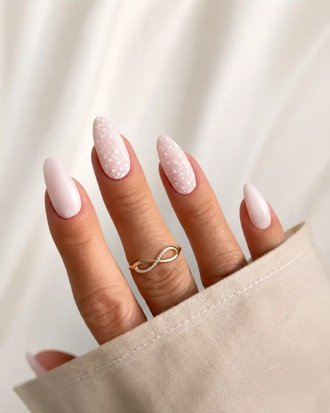 Milky White Nails With Glitter: 10 Soft, Sparkly Manicures 6 Almond milky white nails with silver glitter
