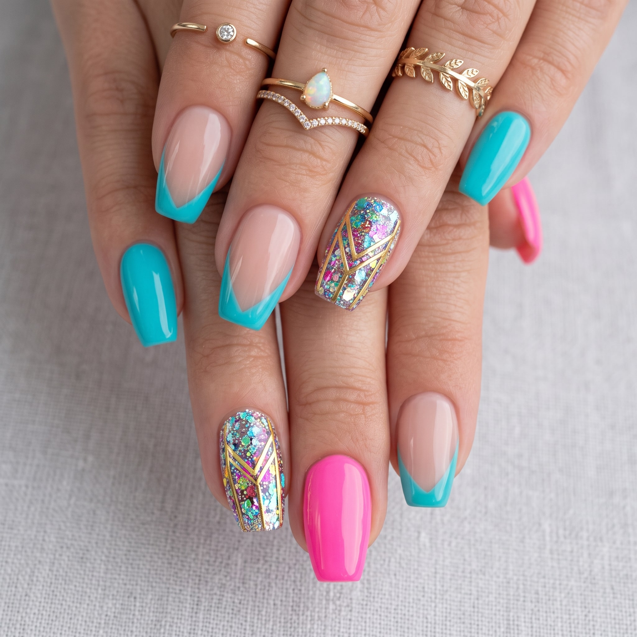 Bold pink aqua nail polish manicure with long glossy nails