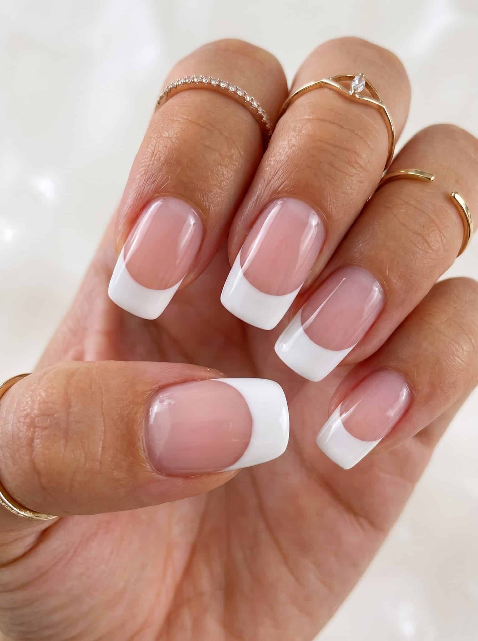 Classic square pink and white tips with a soft pink nail bed