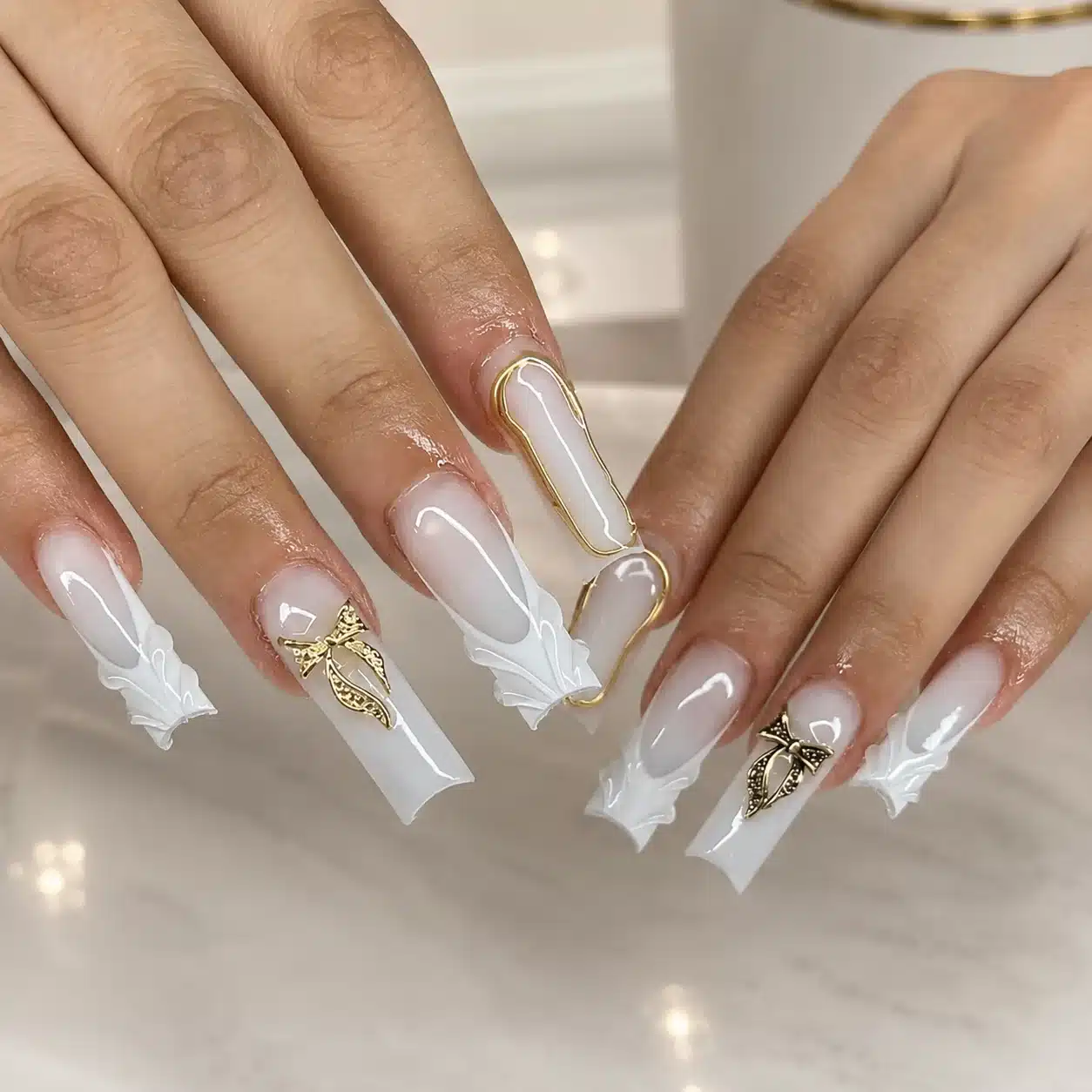 Milky White Acrylic Nails: 10 Ideas for Every Manicure Vibe 11 Clear and milky white acrylic nails with floral encapsulation