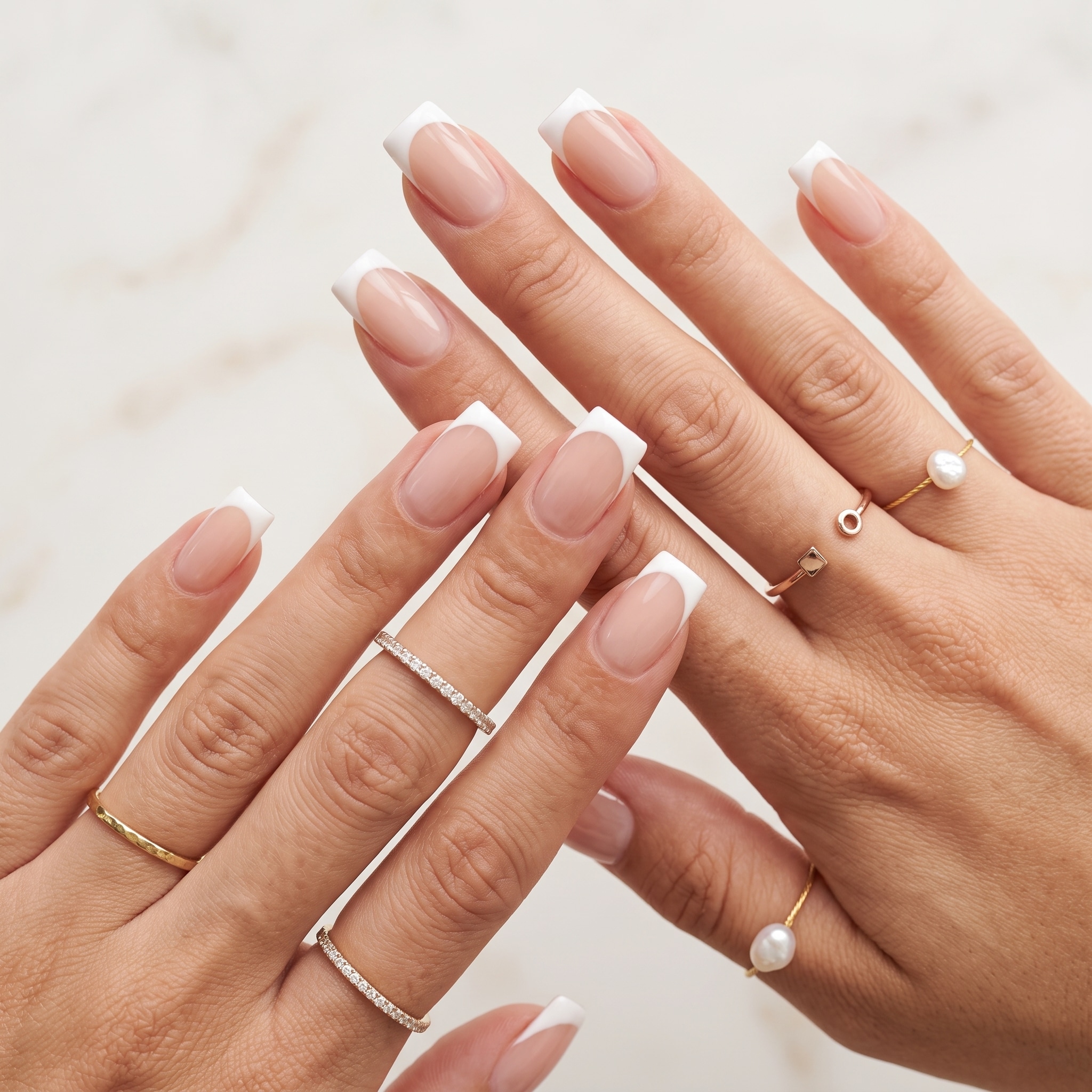 Pink and white full set nails with glitter accent tips and a soft pink base