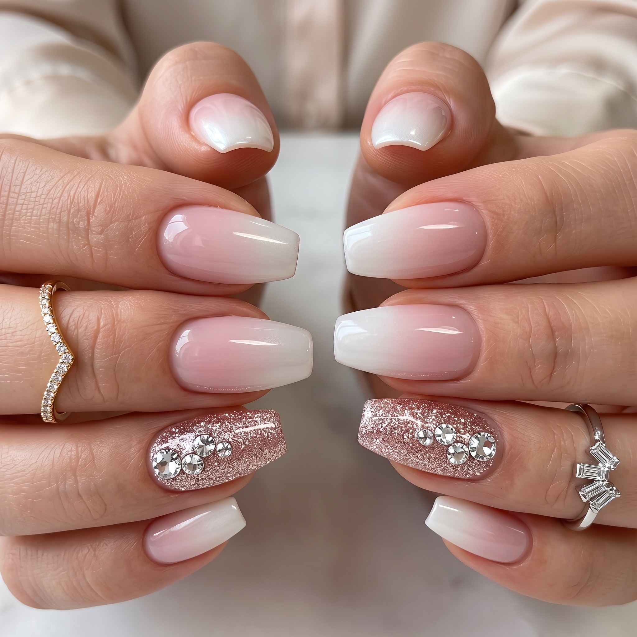 Glossy ombré pink and white full set nails with a soft blended fade