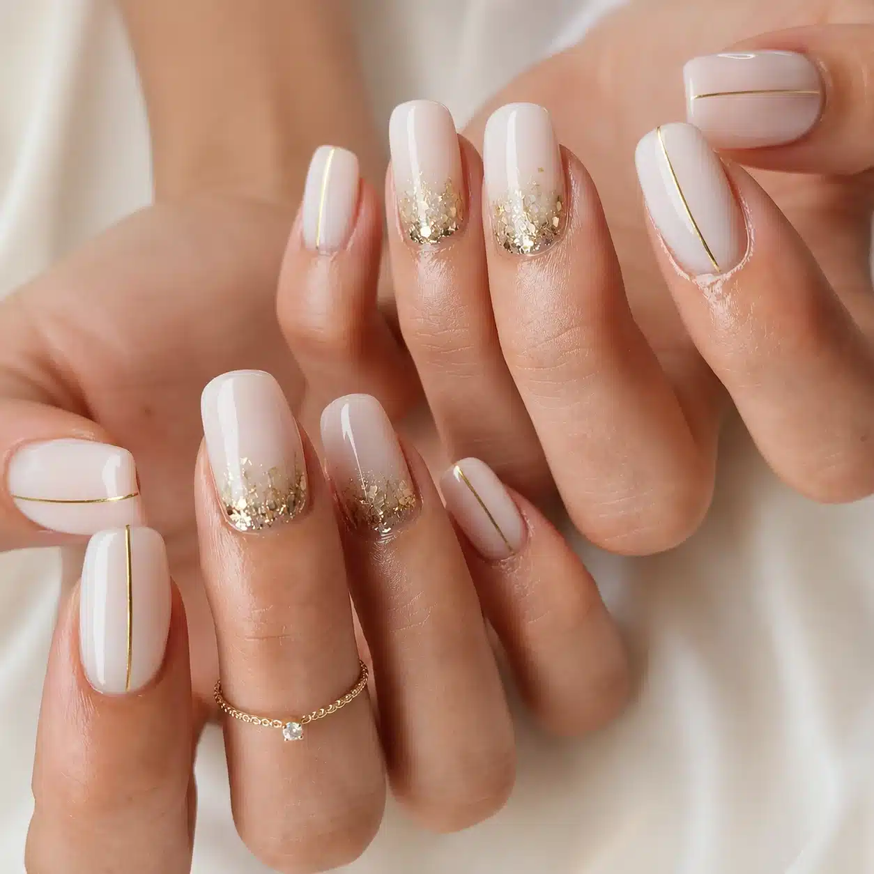 Milky White Nails With Glitter: 10 Soft, Sparkly Manicures 7 Milky white manicure with gold glitter accents
