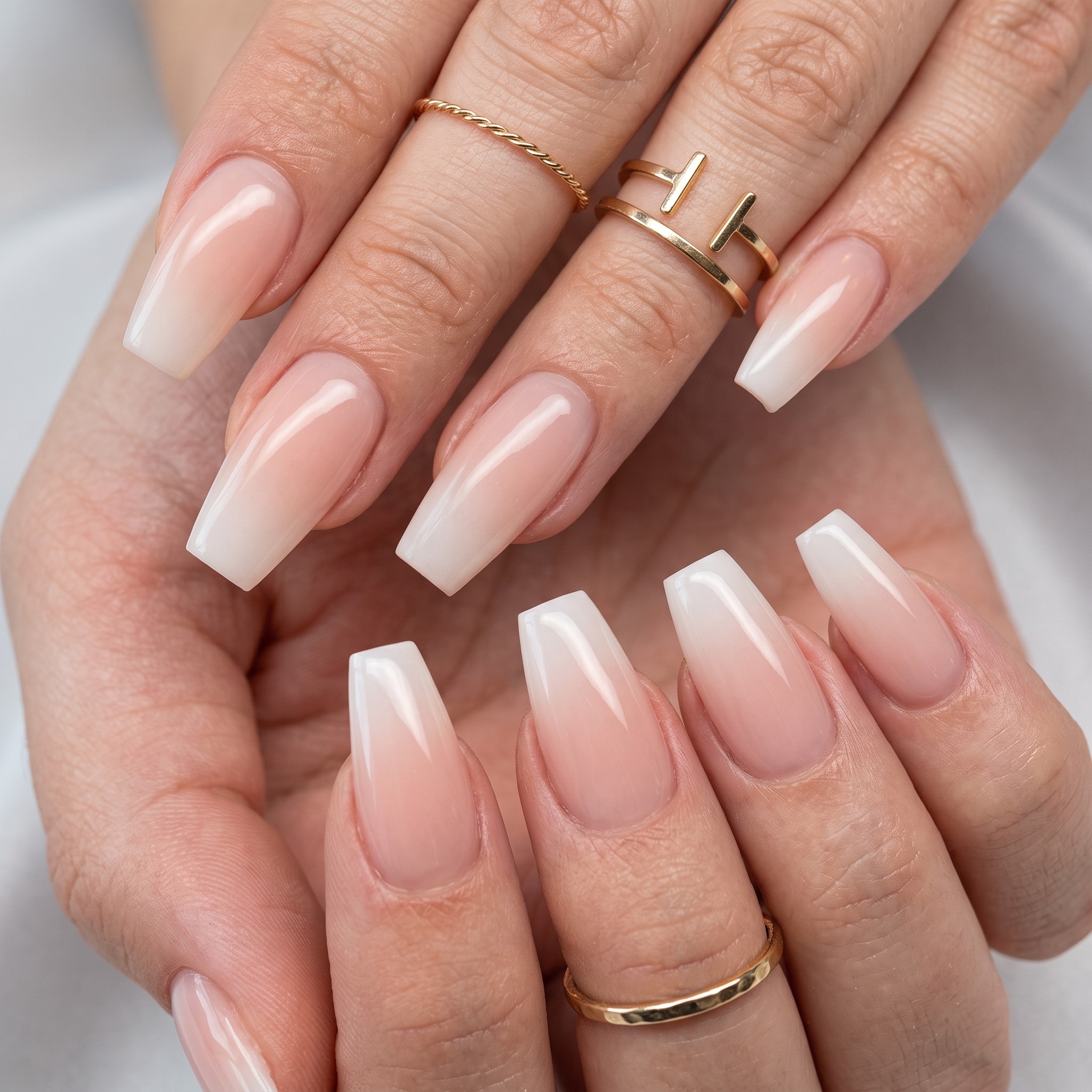 Long coffin pink and white full set nails with crisp white tips