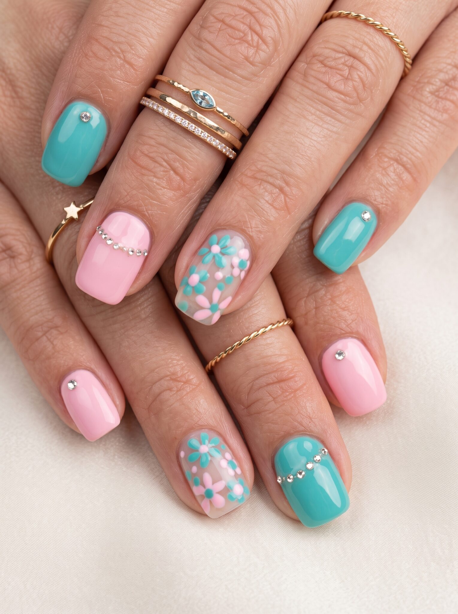 Long soft pink aqua manicure with glossy almond-shaped nails