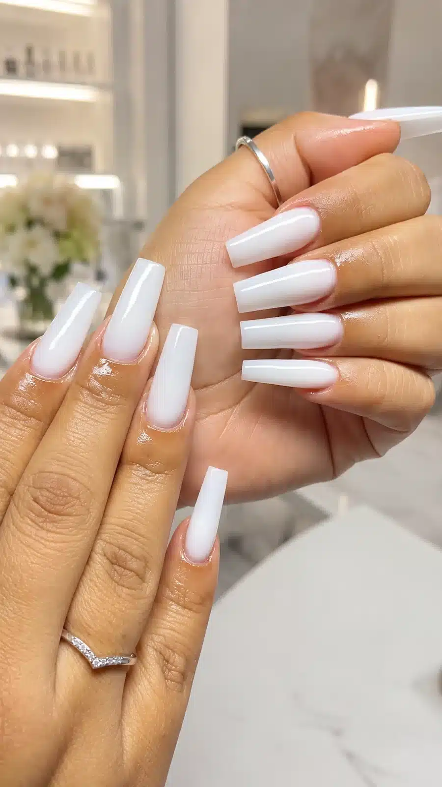 Milky White Acrylic Nails: 10 Ideas for Every Manicure Vibe 4 Milky white acrylic square nails in a salon set