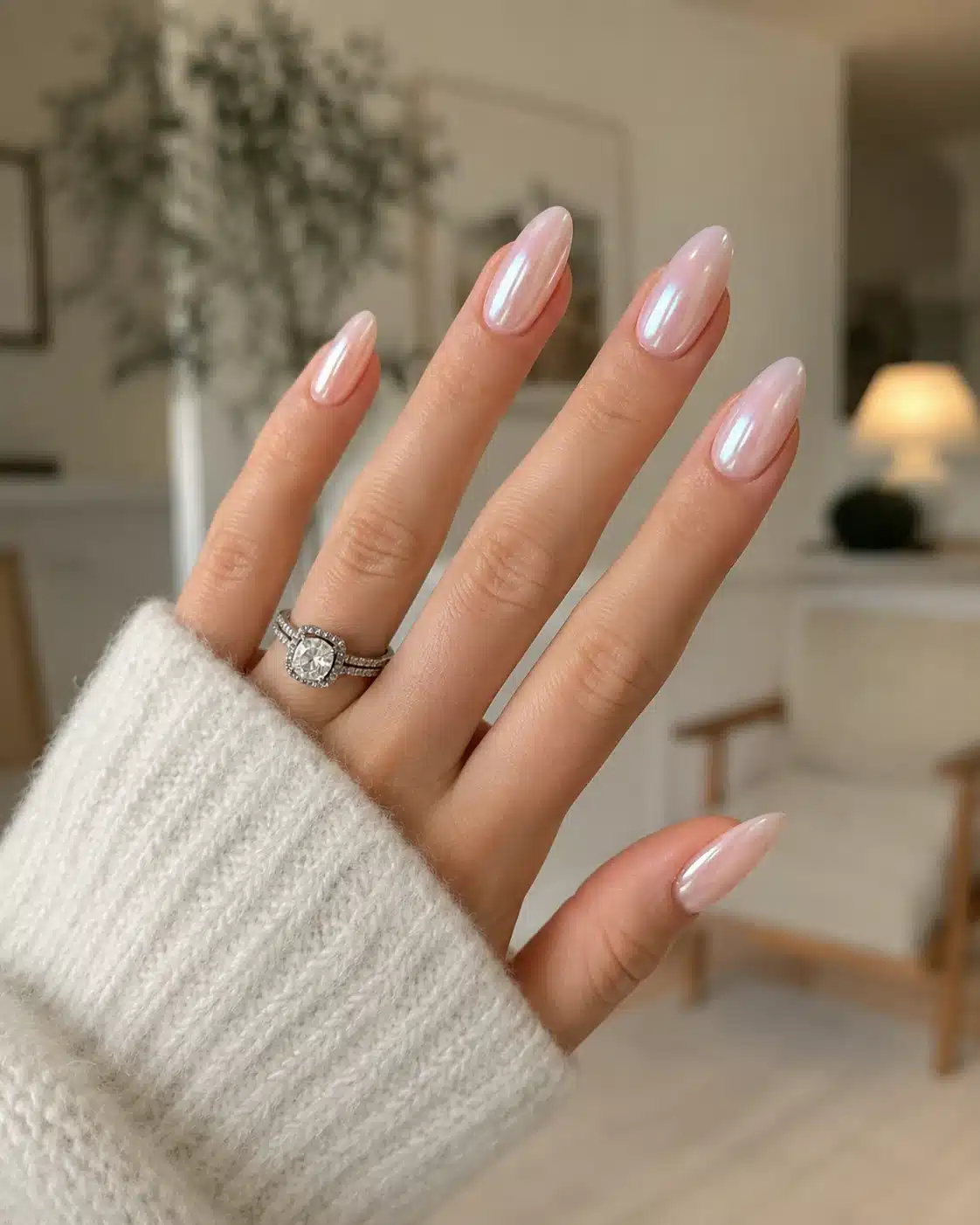 Milky White Chrome Nails: Pearl, Glazed & Soft White Ideas 5 Elegant almond milky white chrome manicure with clean shine
