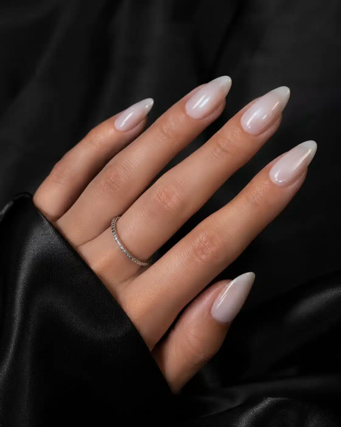 Milky White Chrome Nails: Pearl, Glazed & Soft White Ideas 3 Long almond milky white chrome nails with glazed finish