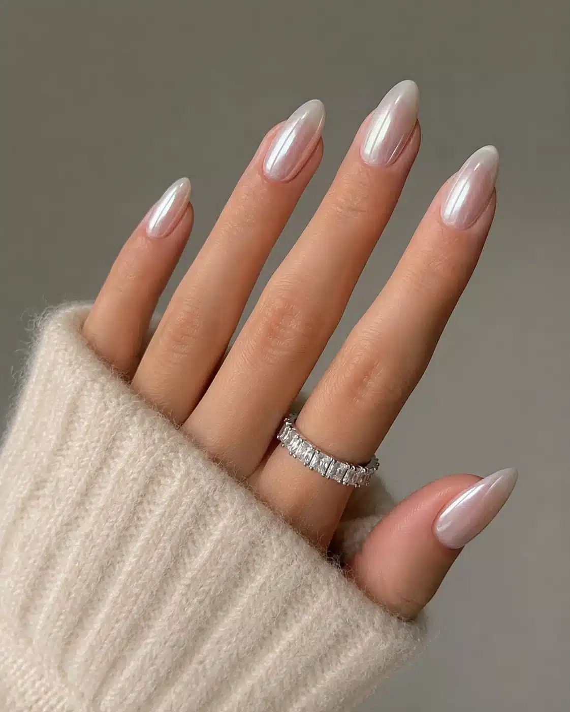 Milky White Chrome Nails: Pearl, Glazed & Soft White Ideas 6 Pearl almond milky white chrome nails with soft shimmer