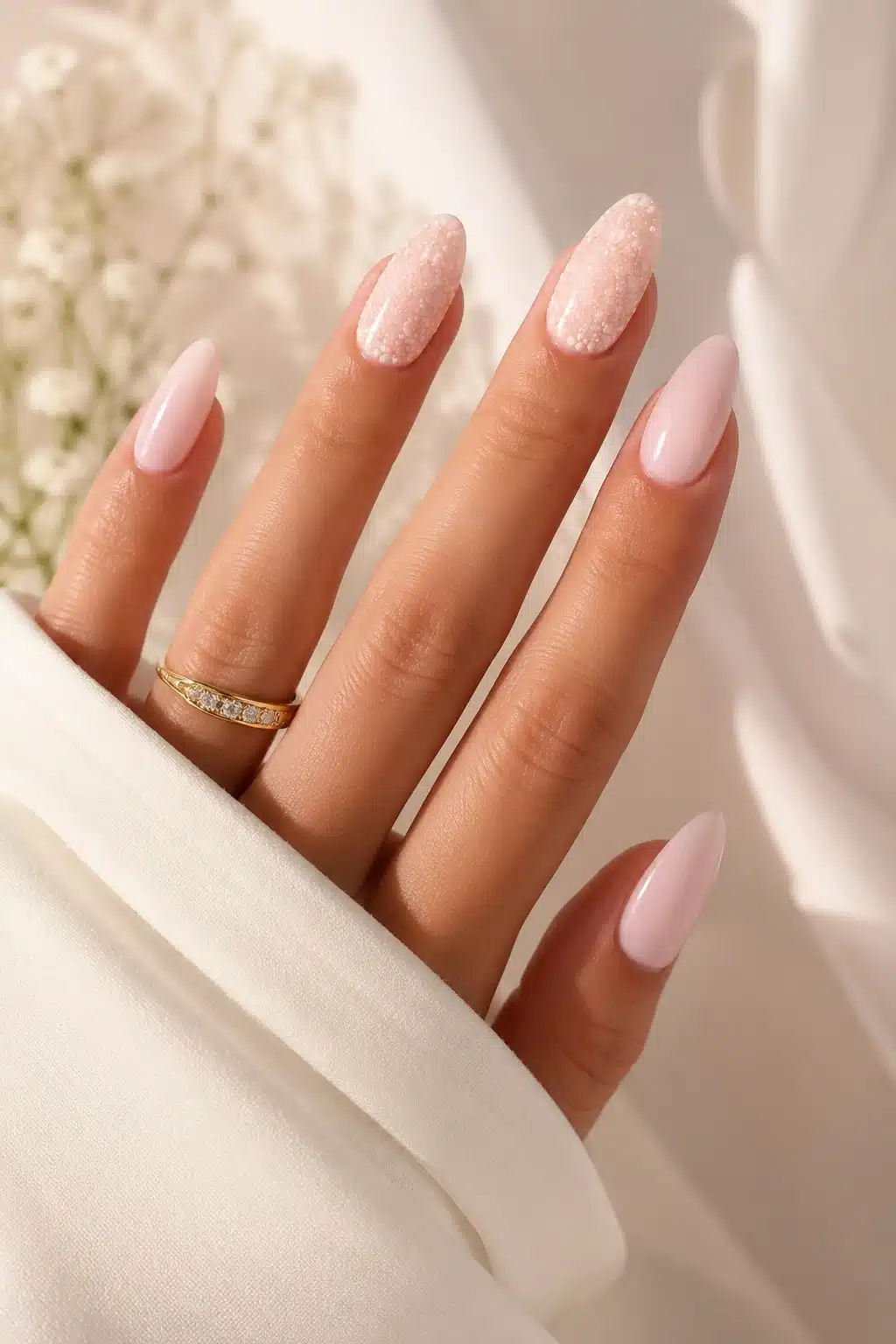 Milky White Nail Designs: Soft Chrome, French, Glitter & Almond Ideas 7 Milky white nail designs with delicate floral accent details