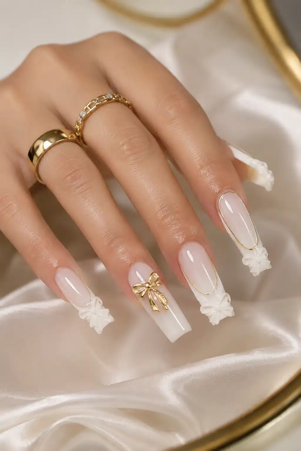 Milky White Nail Designs: Soft Chrome, French, Glitter & Almond Ideas 9 Milky white nails with gold accent details and glossy almond shape