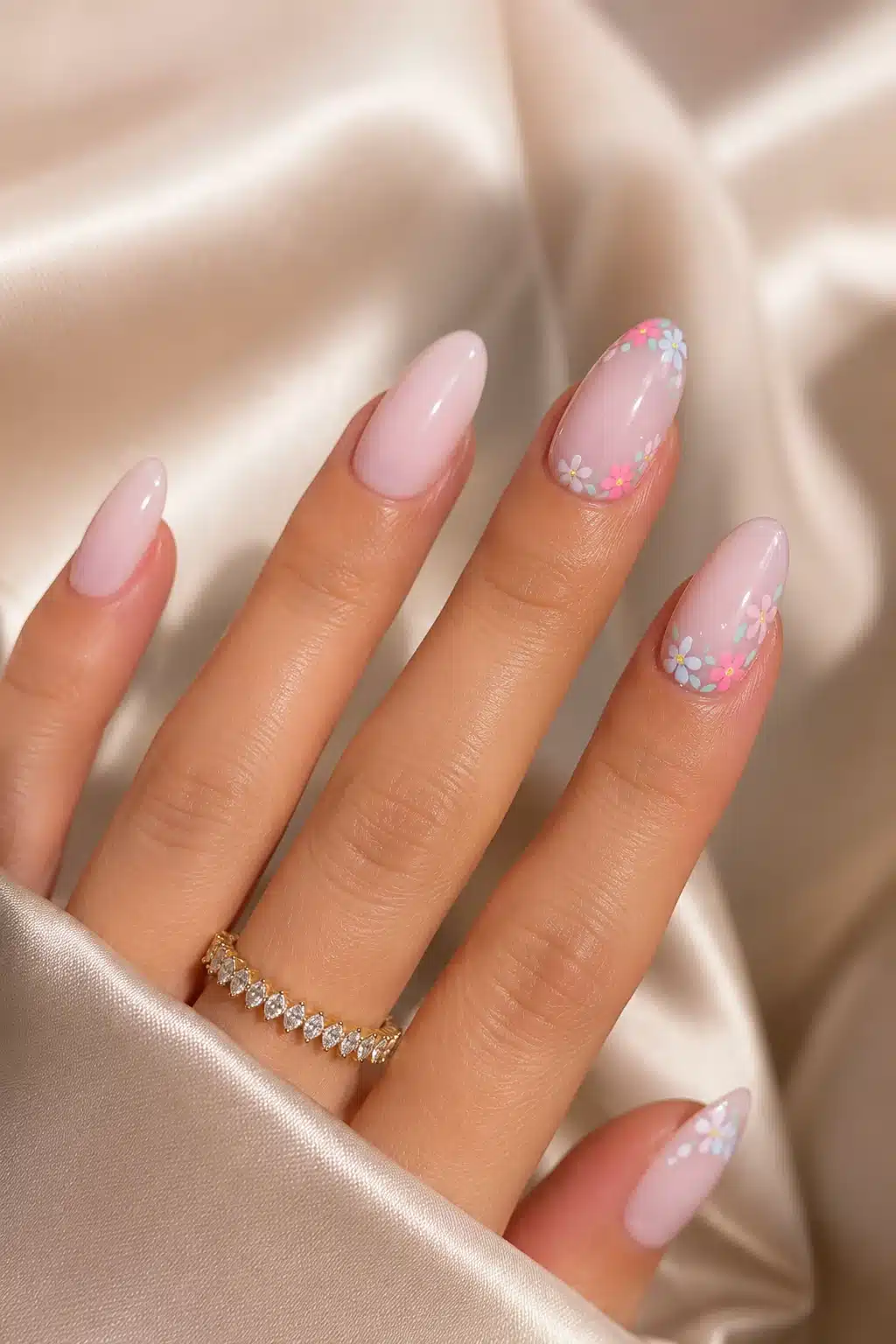 Milky White Nail Designs: Soft Chrome, French, Glitter & Almond Ideas 3 Milky white nails with soft pink glow and glossy almond shape