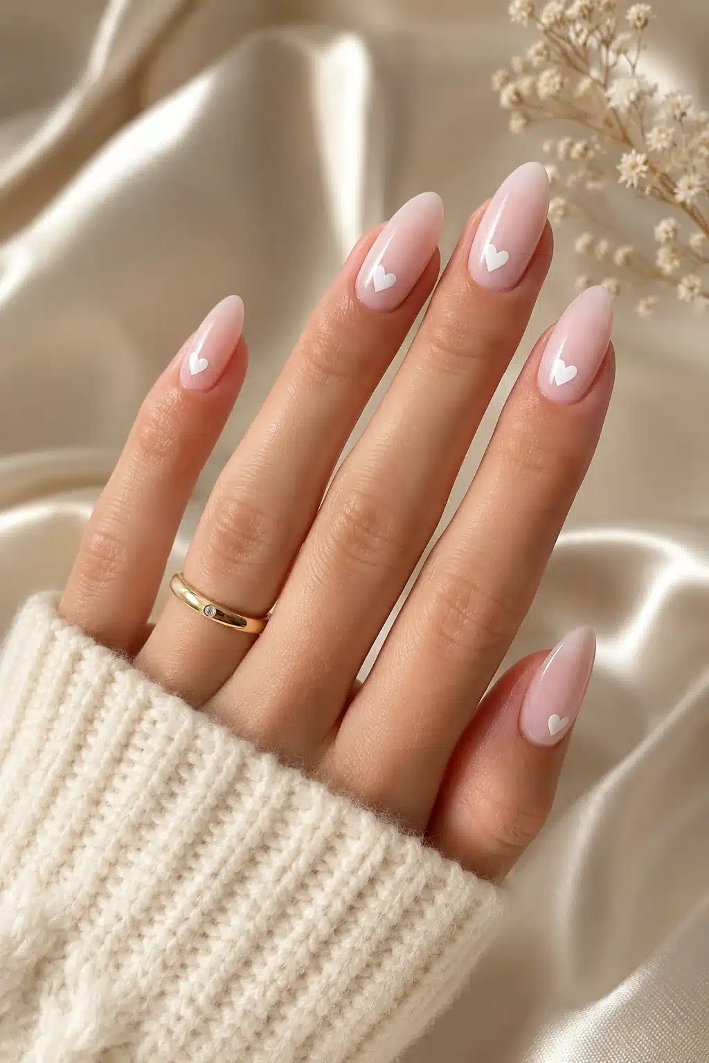 Milky White Nail Designs: Soft Chrome, French, Glitter & Almond Ideas 6 Milky white almond nails with glossy finish and cozy sweater styling