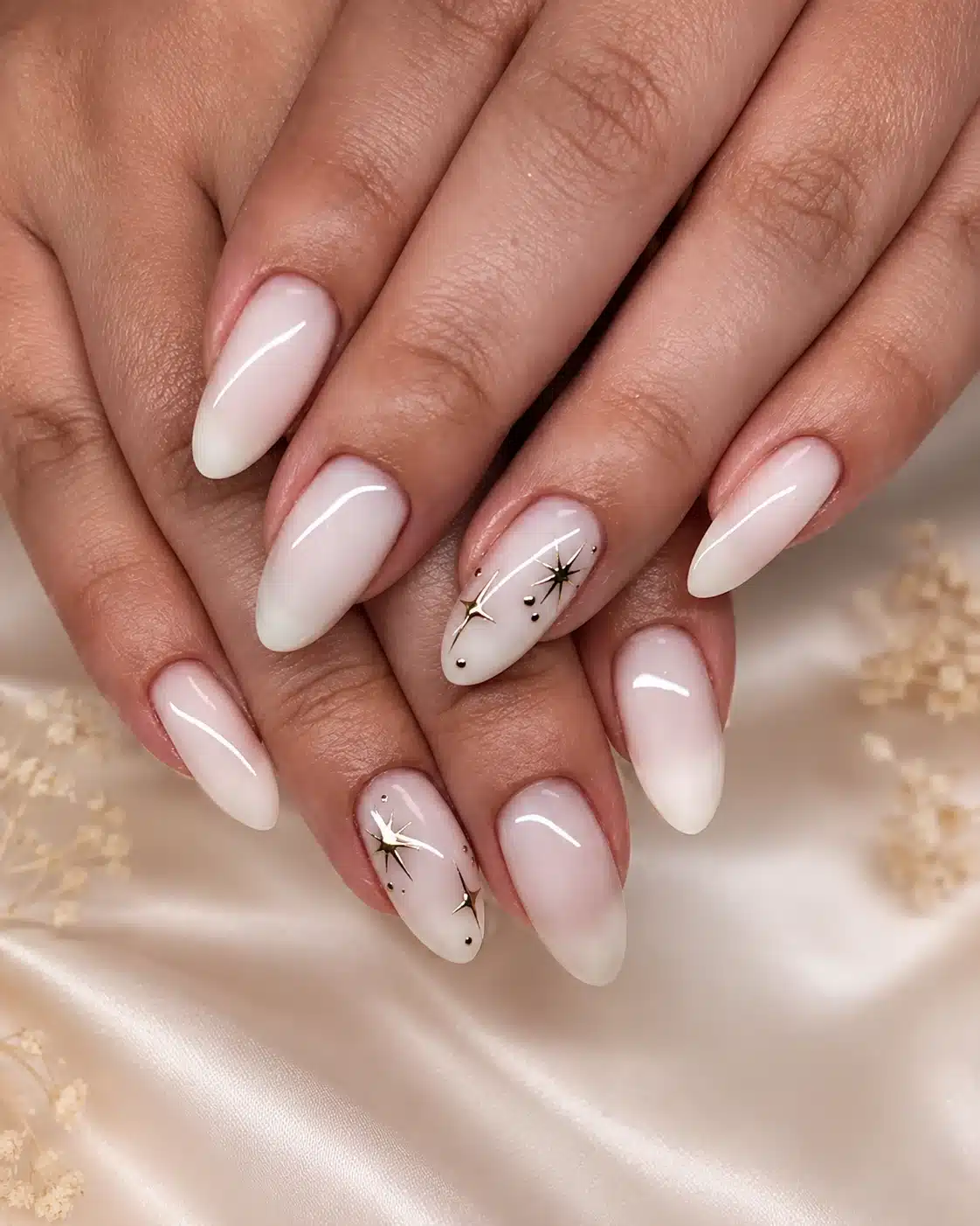 Milky White Nails With Design: Chrome, Flowers, Gold & Almond Ideas 12 Milky white almond nails with detailed nail art