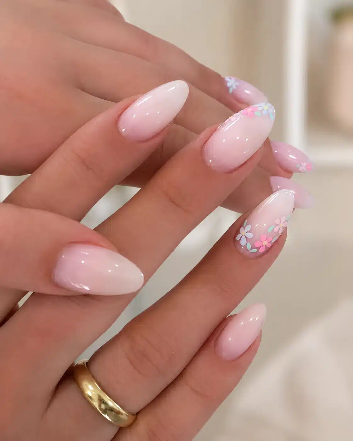Milky White Nails With Design: Chrome, Flowers, Gold & Almond Ideas 2 Milky white nails with pink floral design details