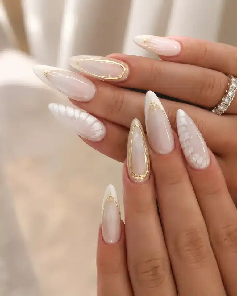 Milky White Nails With Design: Chrome, Flowers, Gold & Almond Ideas 12 Milky white nails with design on soft almond nails