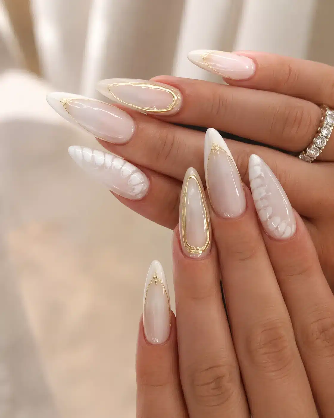 Milky White Nails With Design: Chrome, Flowers, Gold & Almond Ideas 1 Milky white nails with design on soft almond nails