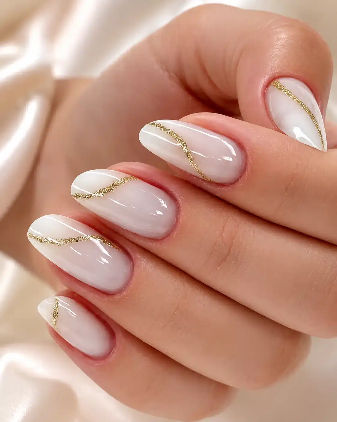 Milky White Nails With Design: Chrome, Flowers, Gold & Almond Ideas 7 Milky white almond nails with cozy sweater styling