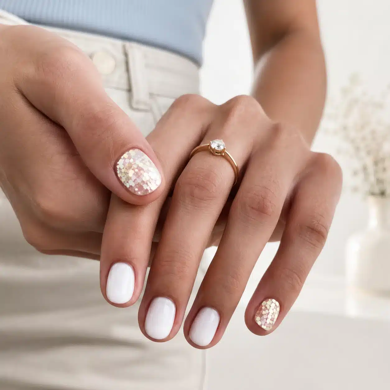 Milky White Nails With Glitter: 10 Soft, Sparkly Manicures 1 Milky white nails with a delicate glitter accent
