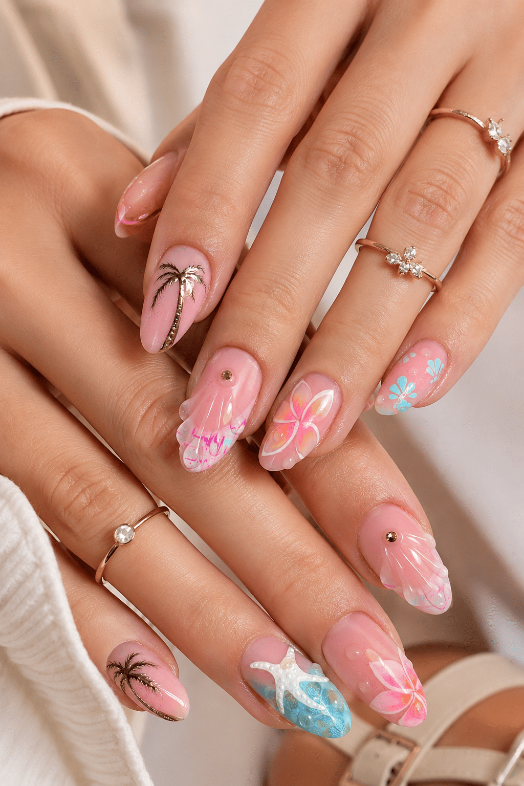 Aqua floral summer nail design 2026 with glossy blue flower details