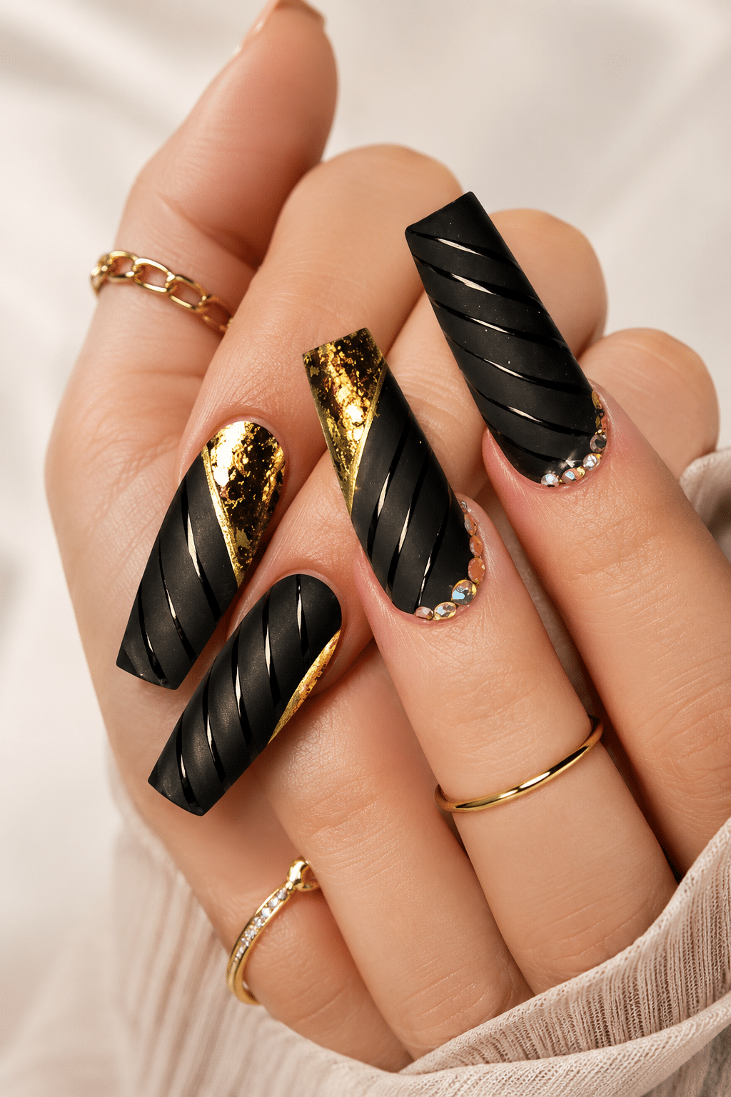black gel nail polish with gold accents and glossy dark finish