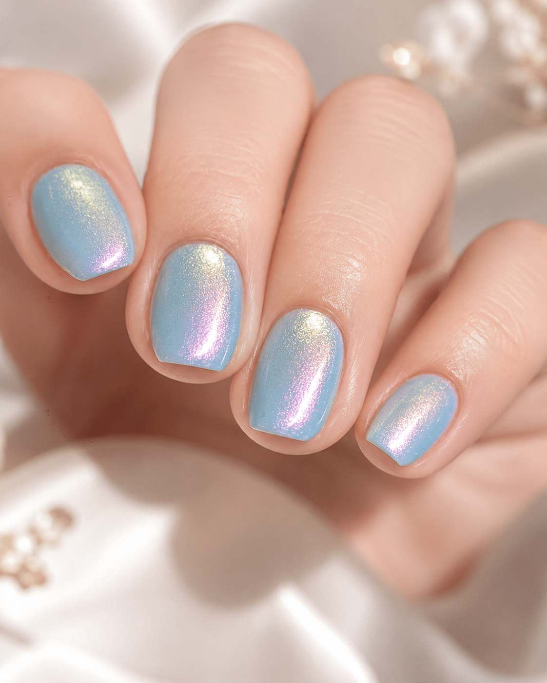 Blue chrome nails with a pink reflection and glossy shine