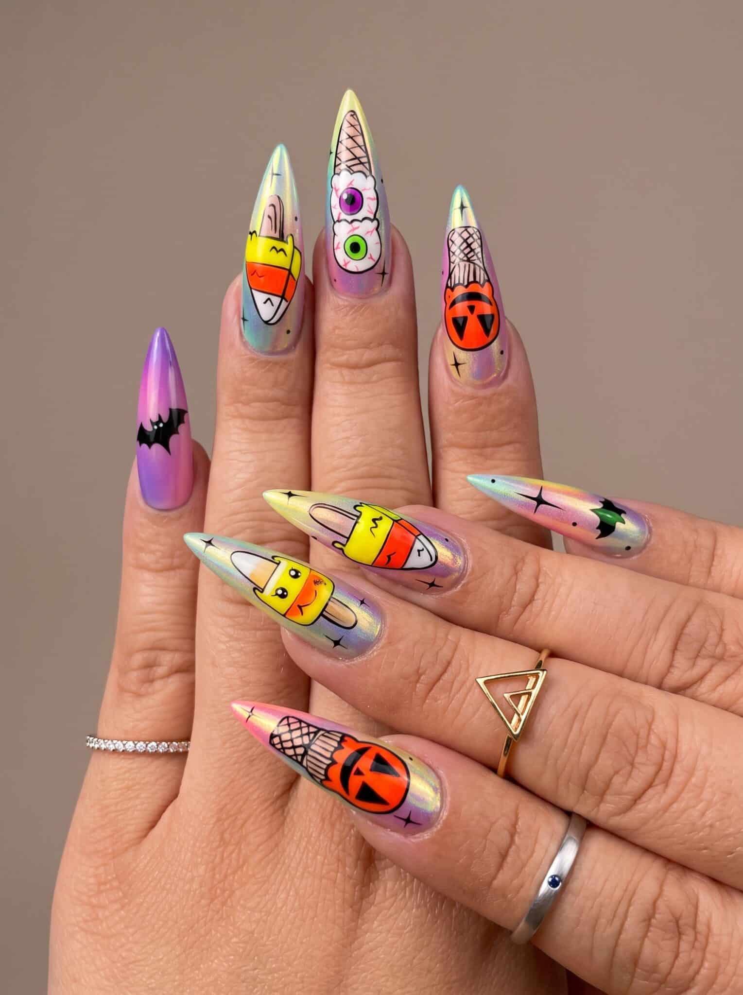 bright mixed Halloween summer nails with colorful spooky icons