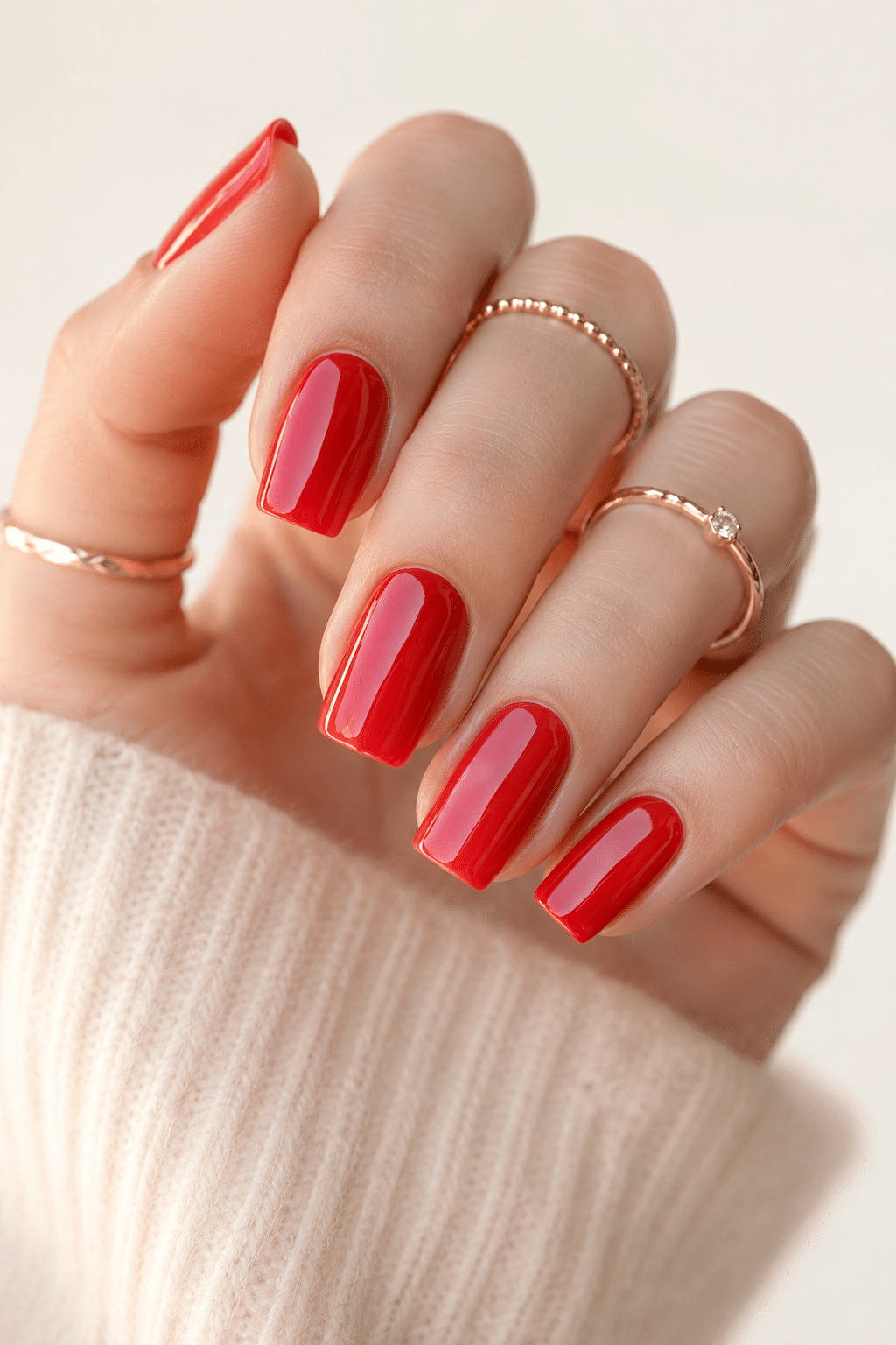 bright red gel manicure with glossy bold nail polish finish