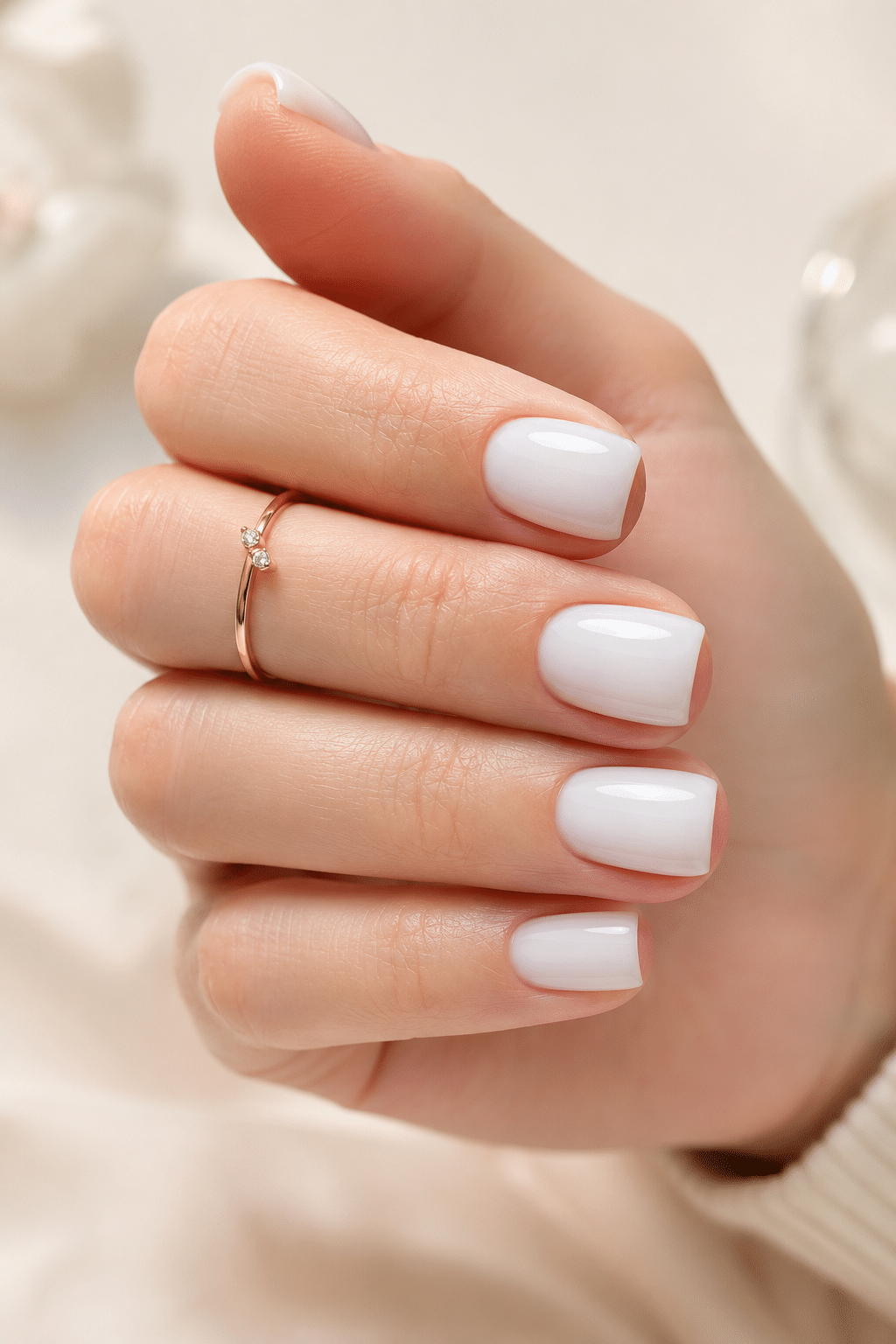 Bright white short gel nail polish with glossy clean manicure finish