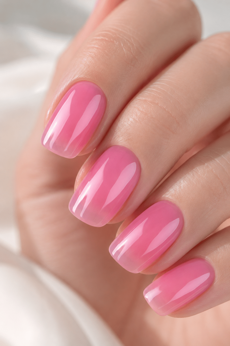 Classic glossy pink gel nail polish with a bright salon manicure finish