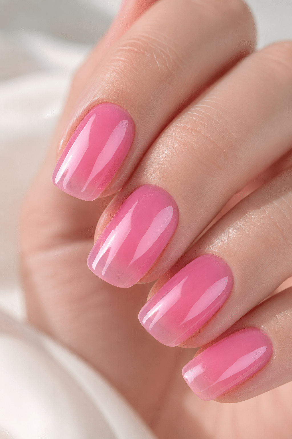 Classic glossy pink gel nail polish with a bright salon manicure finish