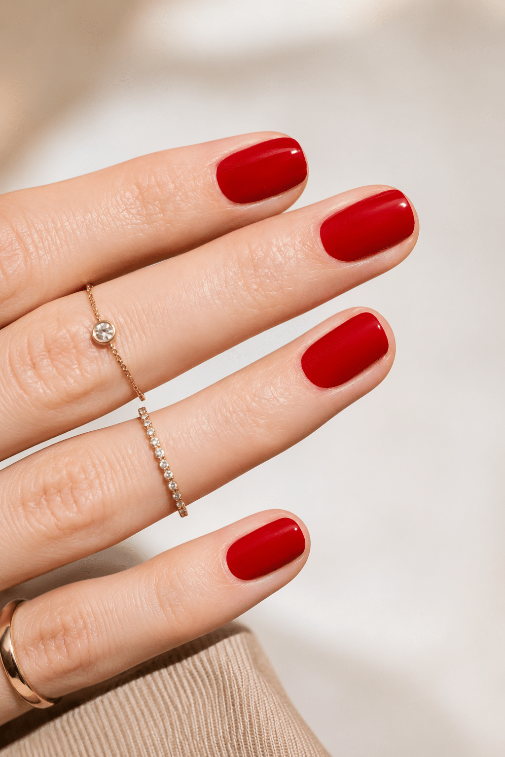 classic red gel short nails with glossy clean manicure finish