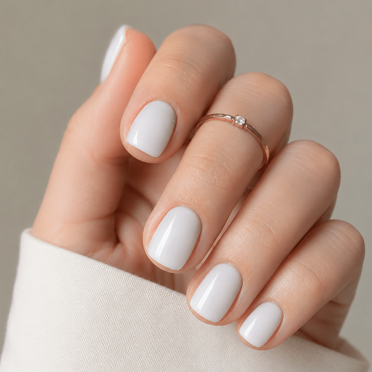 Clean short white gel nail polish with glossy salon manicure finish