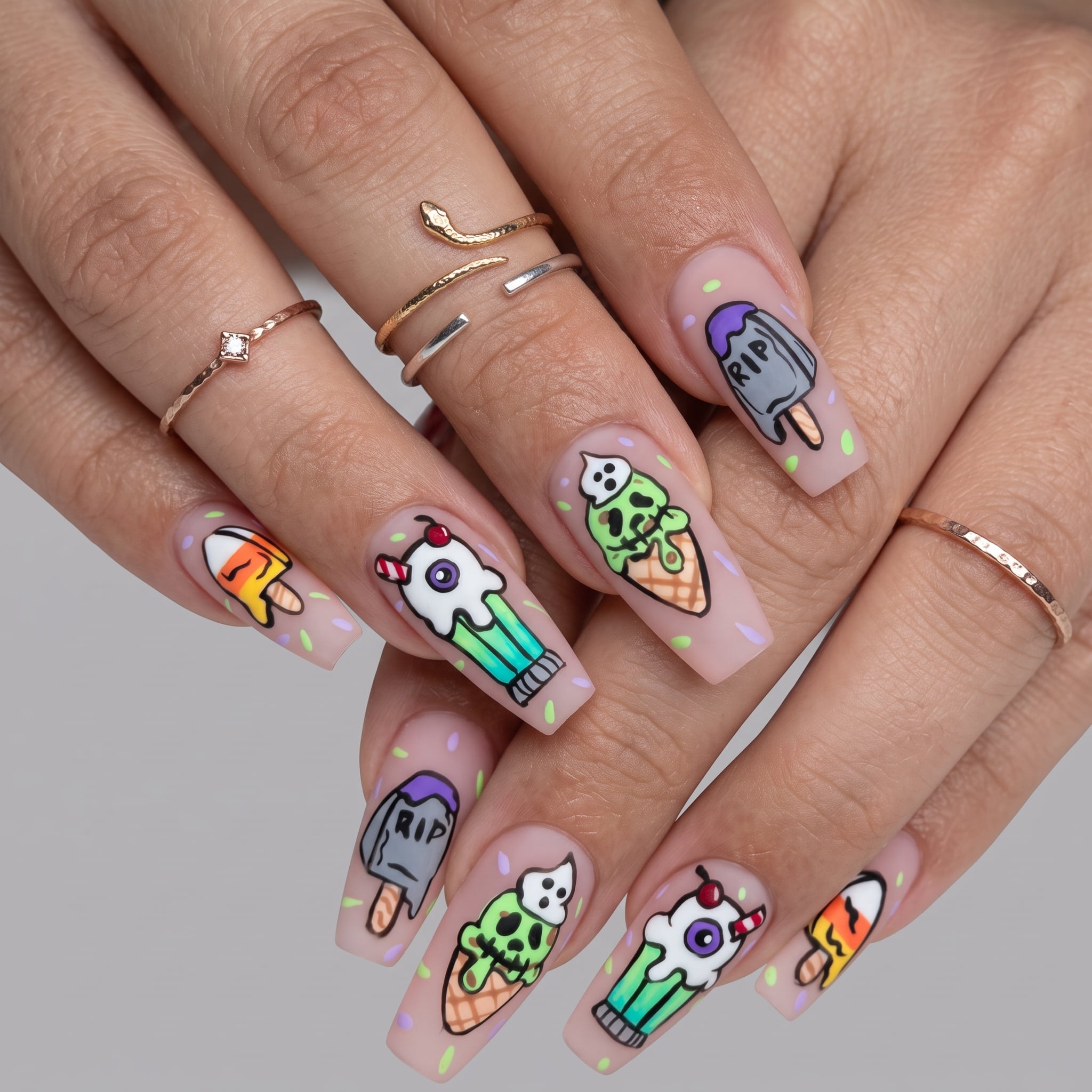 colorful ghost pumpkin nails with playful Halloween summer art