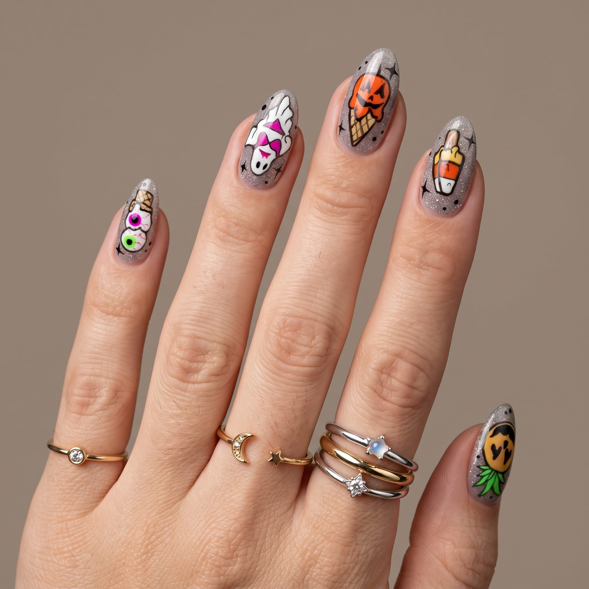 colorful spooky French manicure with tiny Halloween summer accents