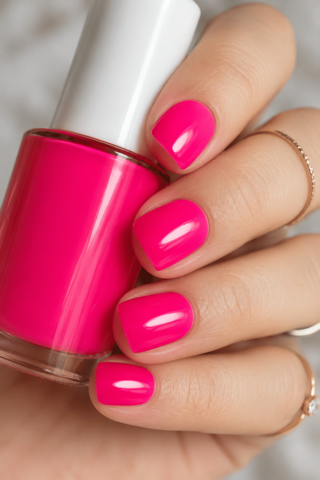 Coral neon pink gel varnish with a bright glossy manicure finish