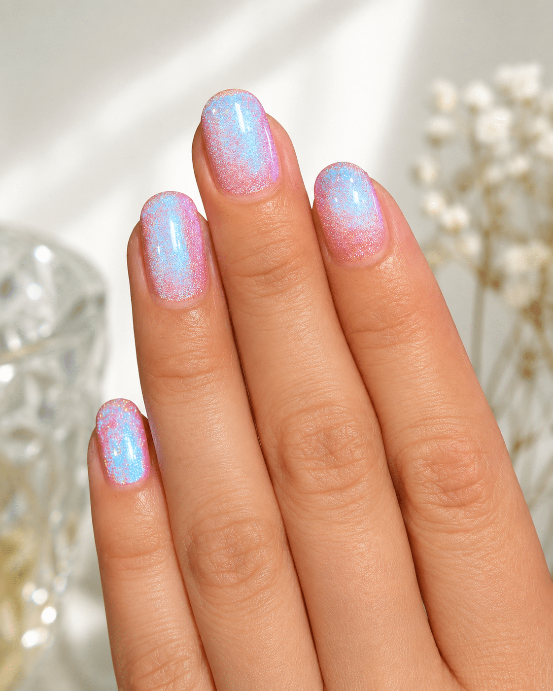 Cotton candy pink and blue nails with a soft blended shimmer finish