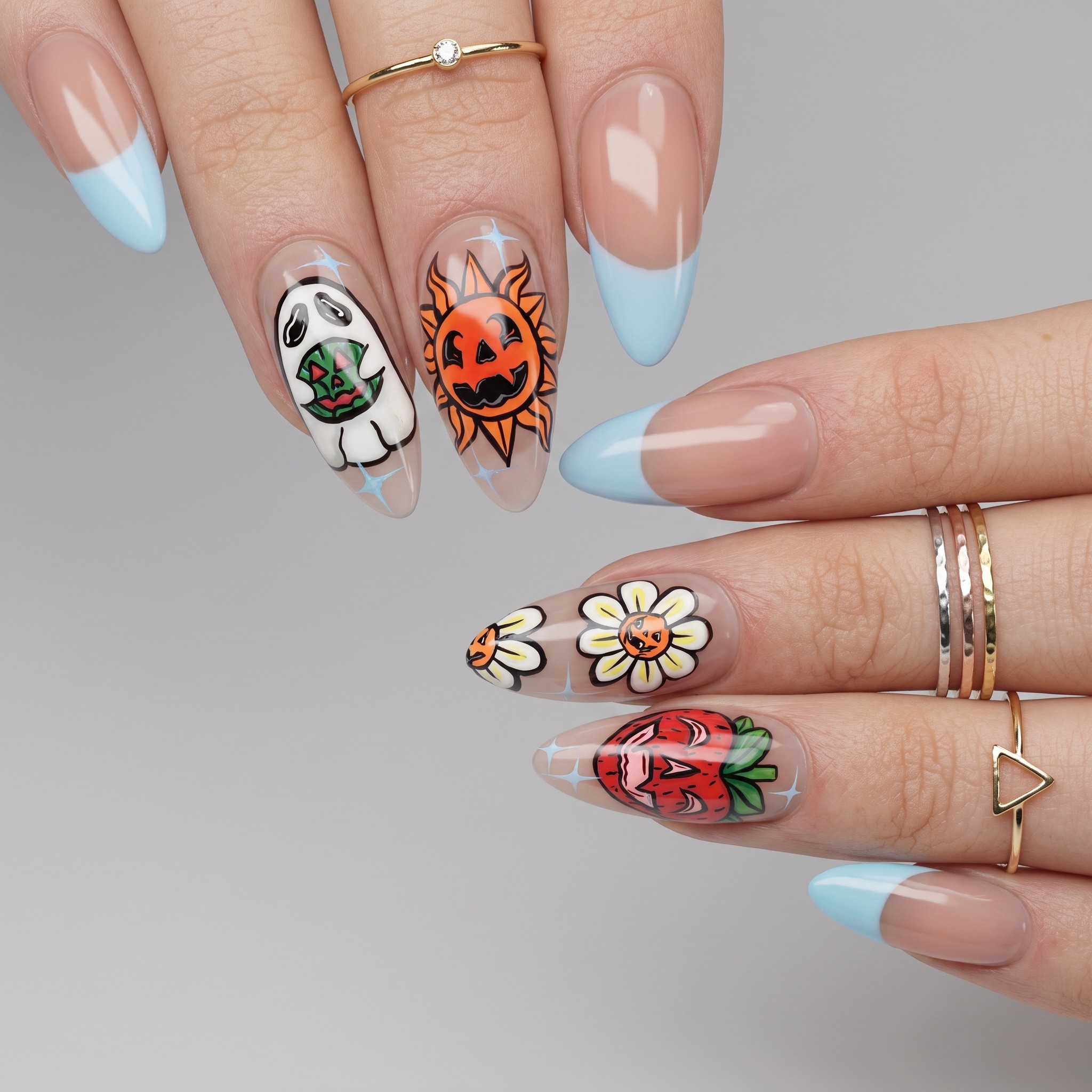 daisy pumpkin summer nails with nude base and cute seasonal art