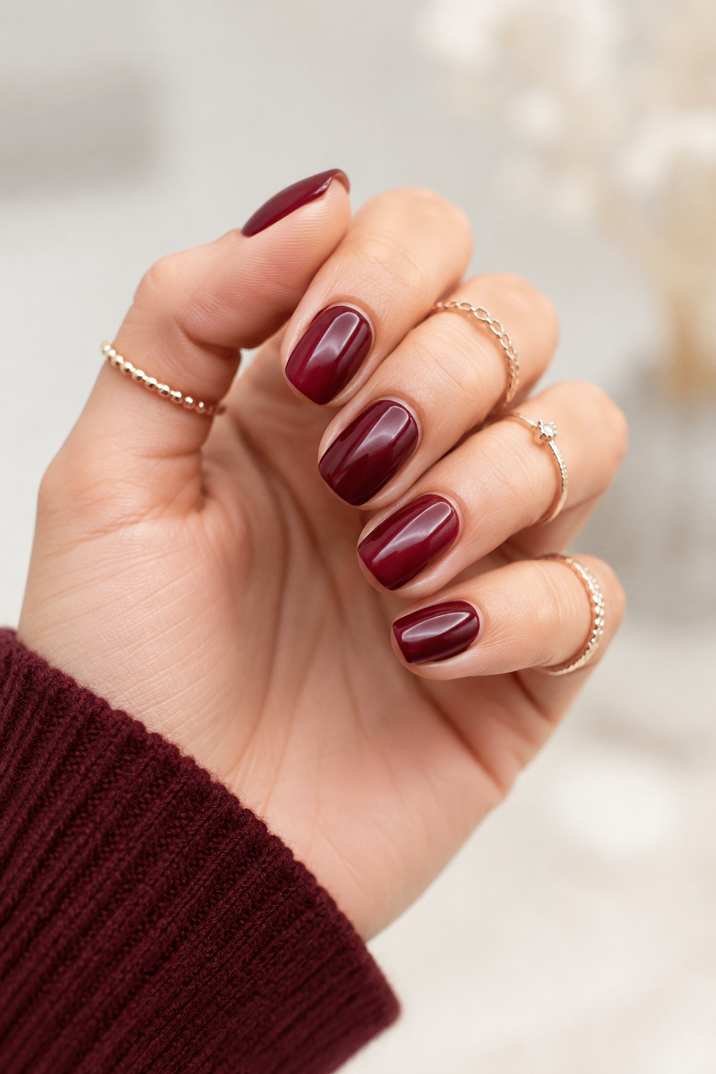 deep burgundy red gel polish with glossy dark red manicure finish
