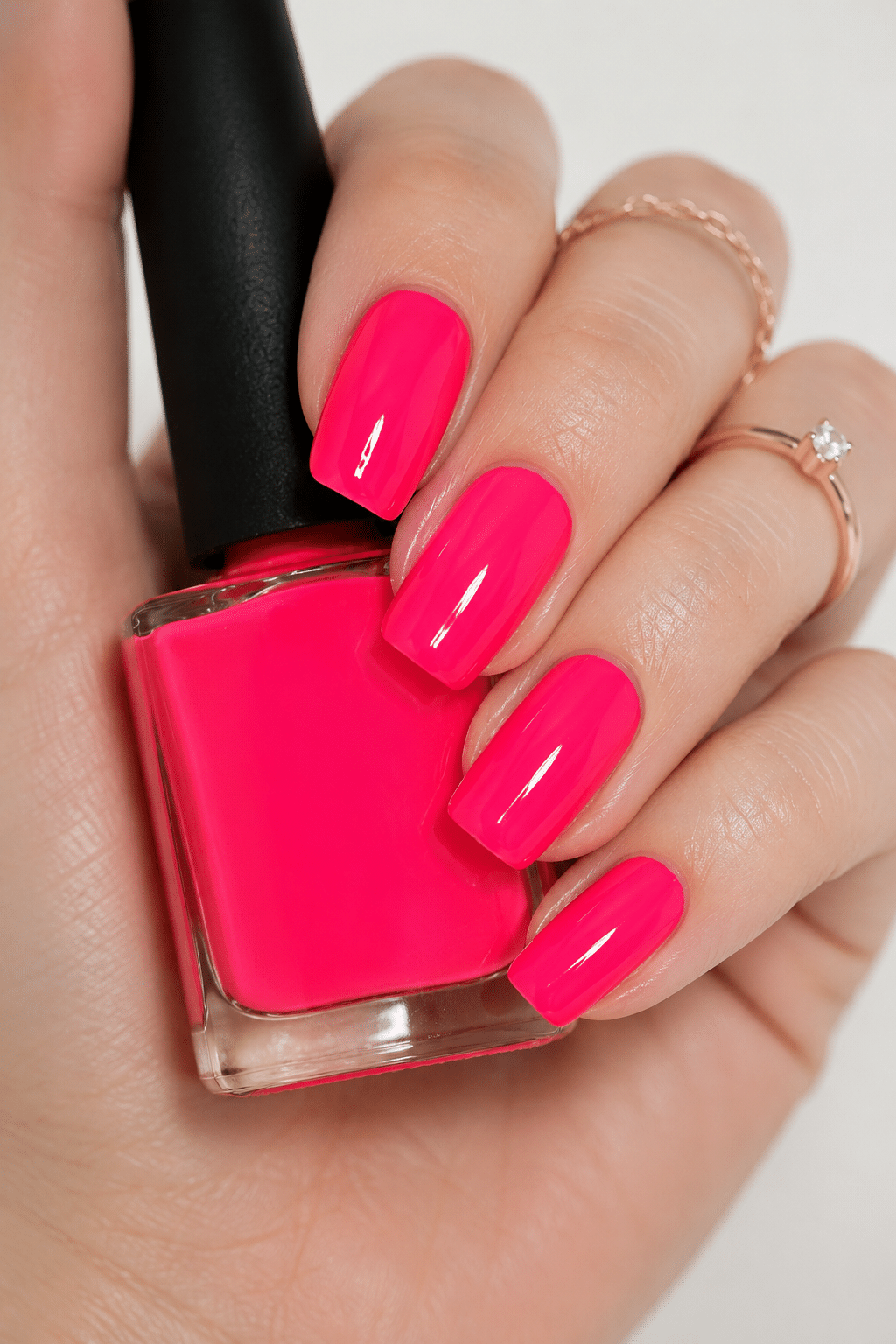 Fuchsia neon pink varnish manicure with a glossy bold finish